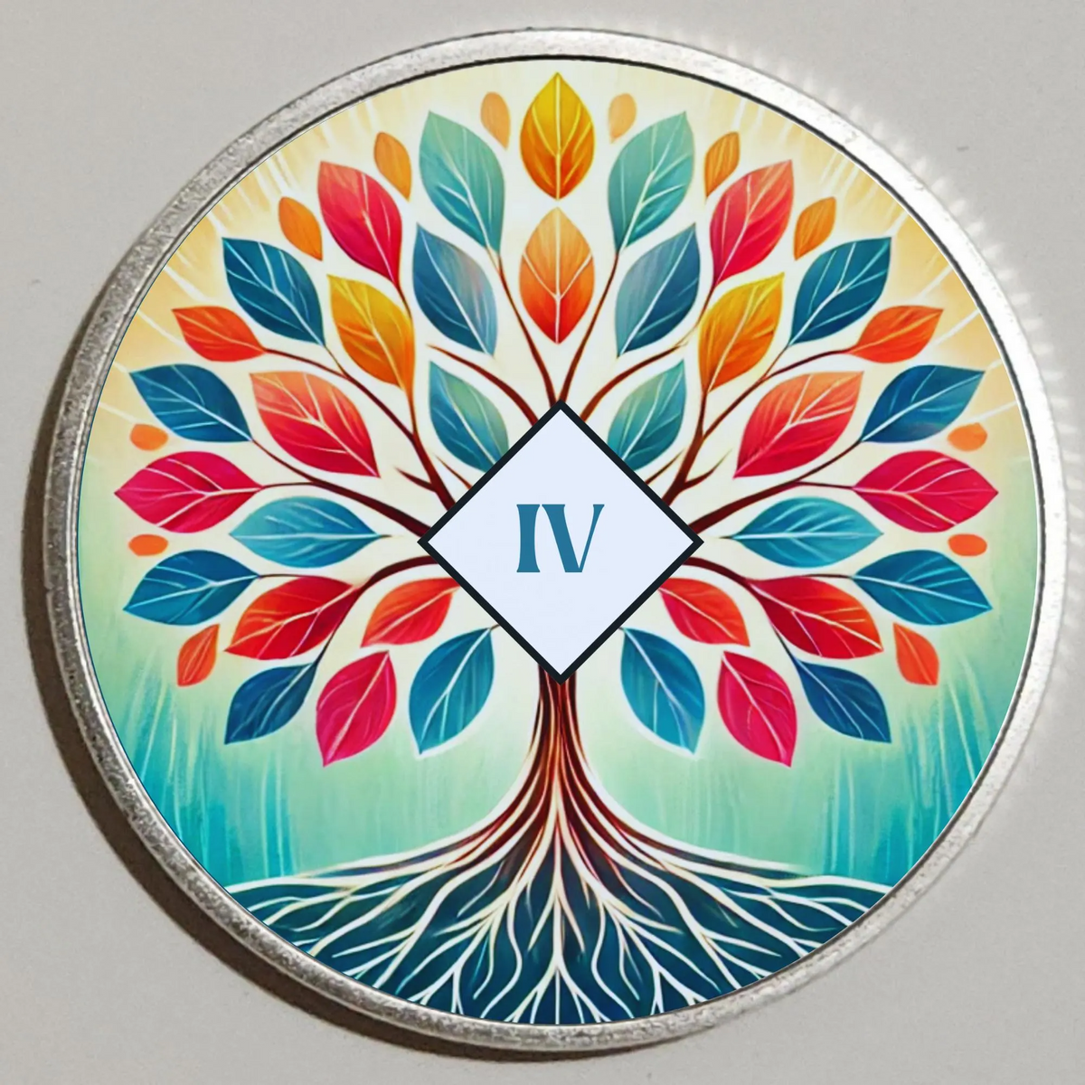 Round multicolor tree-of-life coin with silver rim and “IV” emblem