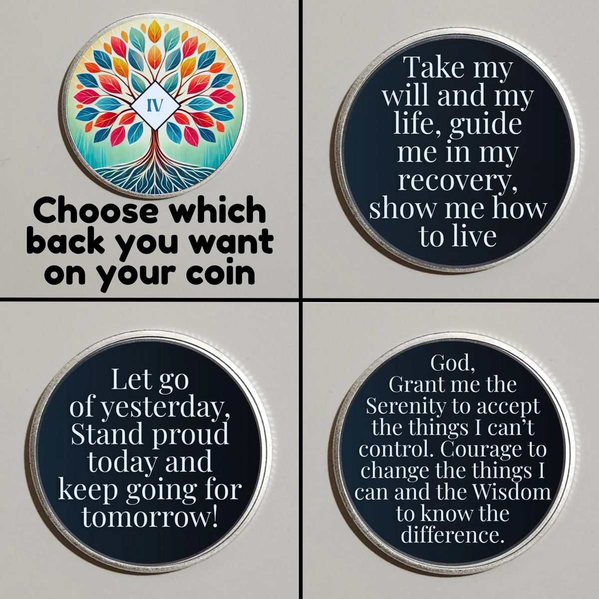 Four-view set of recovery coins showing tree-of-life and inspirational text