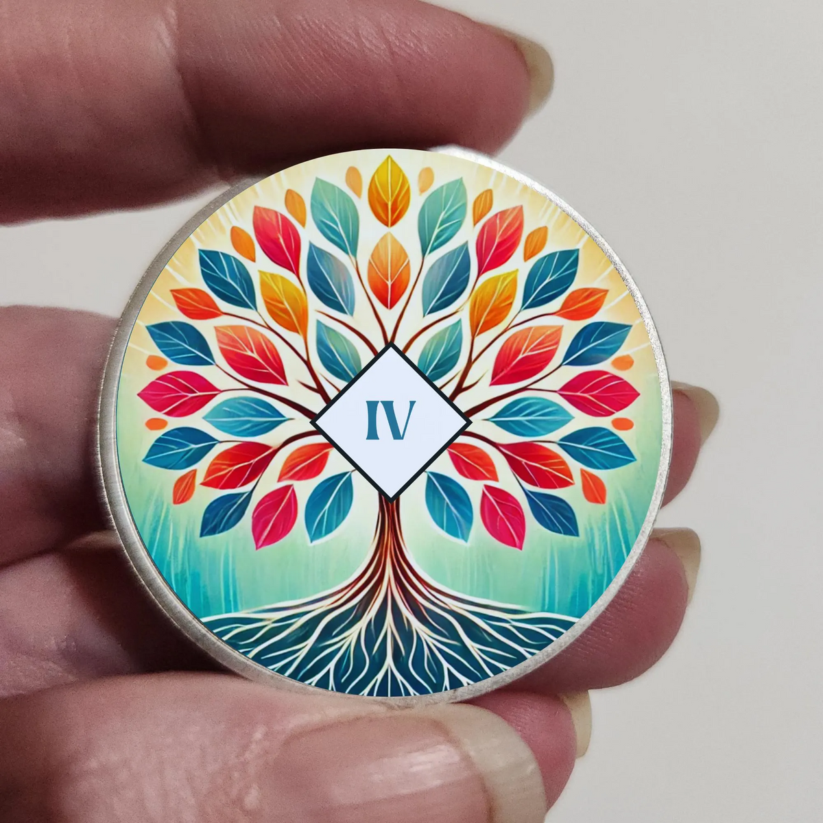 Round multicolor tree-of-life coin with silver rim and “IV” emblem