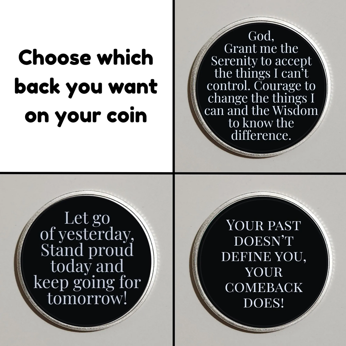 Four round coins with black quote faces: God, Let go, and Your past doesn't define you.