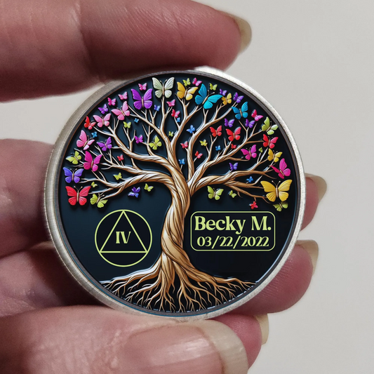 Round coin with butterfly tree of life art, name Becky M., and date 03/22/2022.
