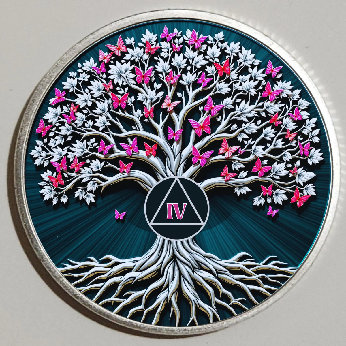 Tree of Life coin with butterfly tree artwork and Roman numeral IV on dark teal