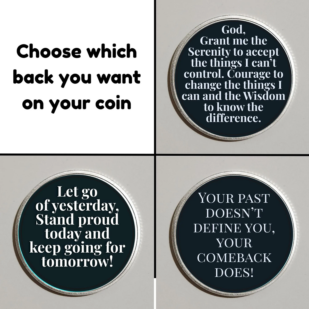 Four Tree of Life coins: Serenity Prayer, comeback, and letting-go quotes