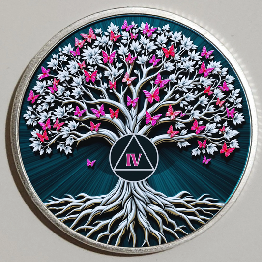 Silver rim Tree of Life coin with colorful butterfly tree and Roman numeral IV