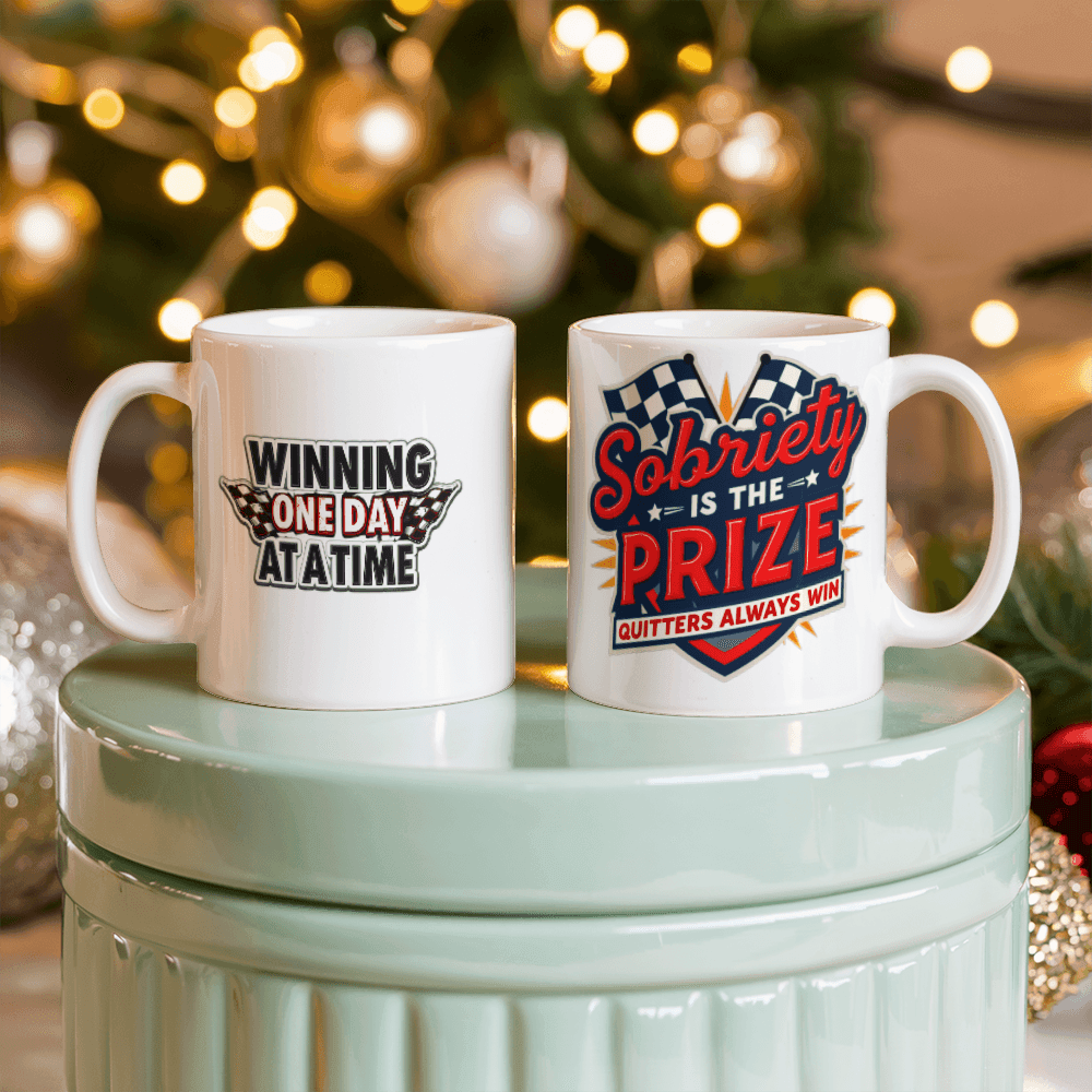 White mug with 'Sobriety is the Prize' and 'Winning One Day At A Time' text