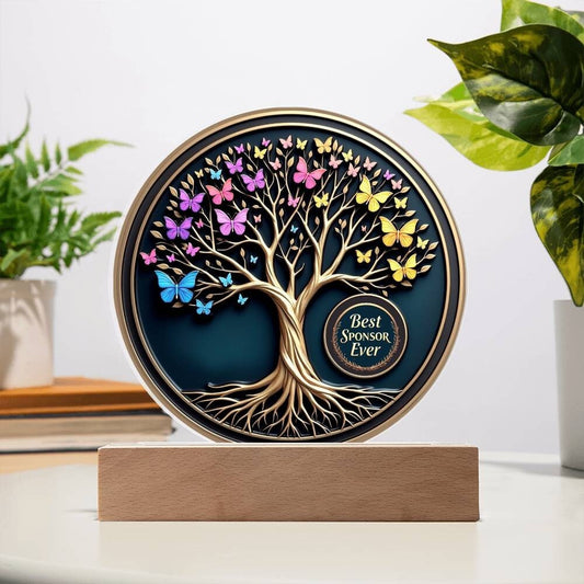 LED circle acrylic keepsake on wooden base with white tree and multicolor butterflies
