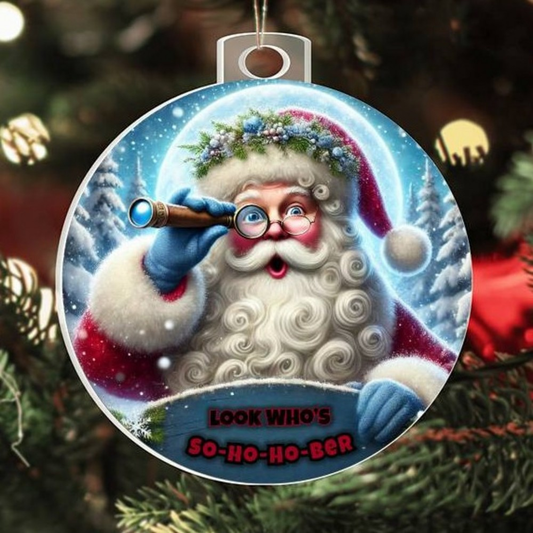 Large round Santa ornament with blue telescope and red “So-Ho-Ho-Ber” lettering