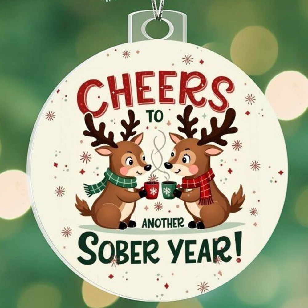 Close-up round ornament with 'Cheers to Another Sober Year!' and reindeer holding mugs