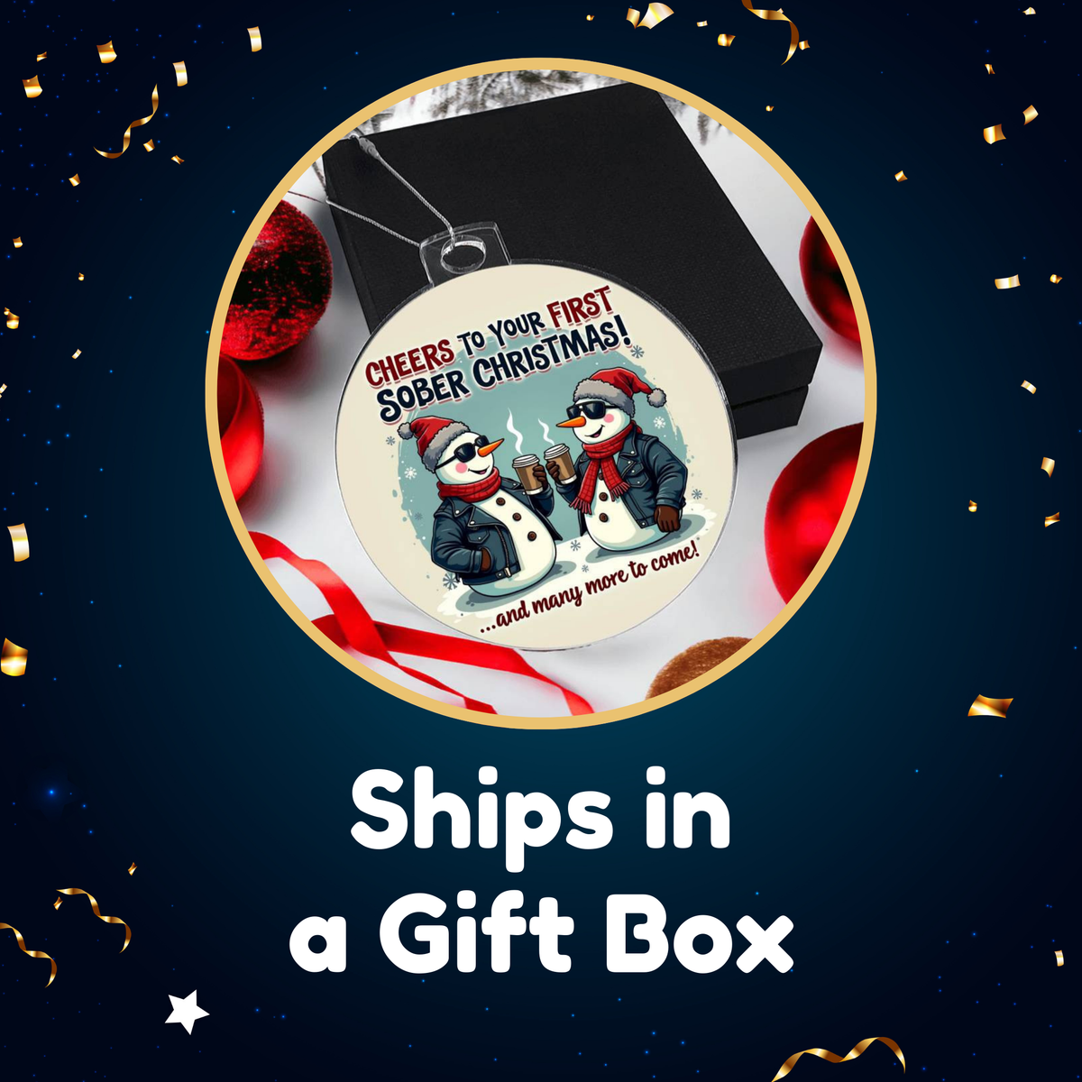 Round Christmas ornament with penguin graphic, shown in a gift box