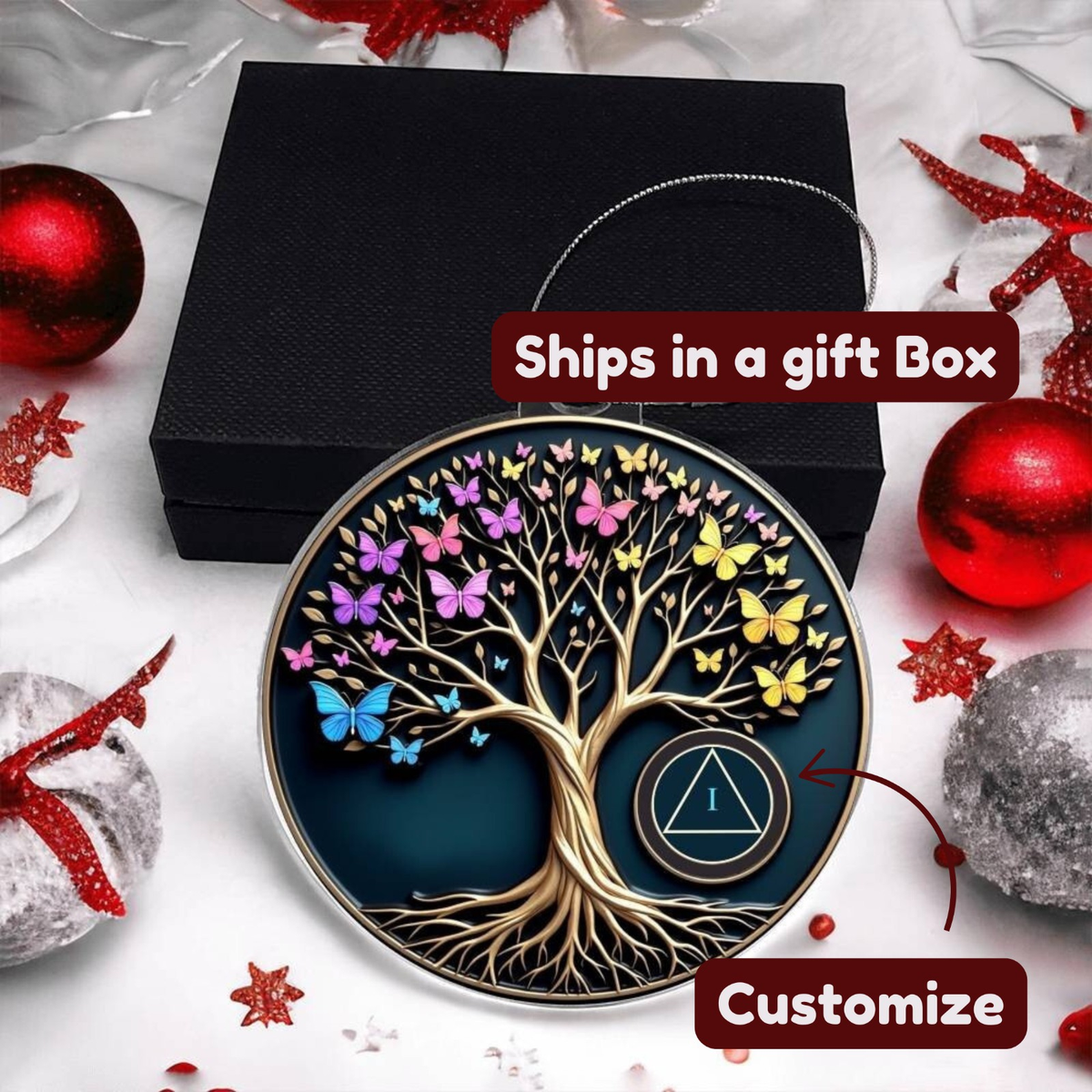 Tree of Life sobriety ornament with gift-box packaging, round disc with butterflies, tree, and AA symbol