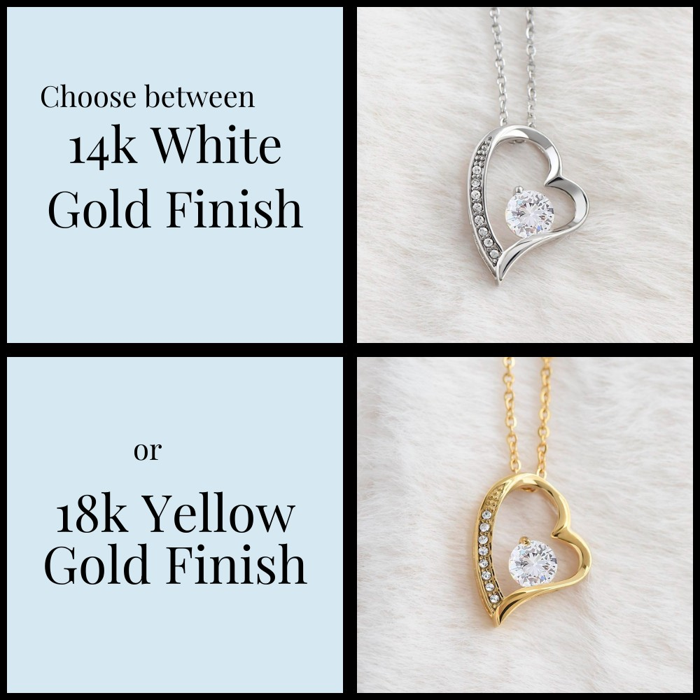 Jewelry finish options card: 14k white gold finish and silver heart necklace shown