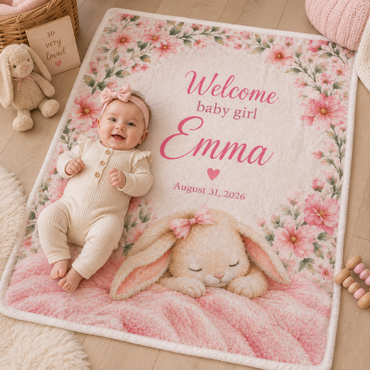 Welcome Baby Girl Blanket – Custom Name & Birth Date Bunny Keepsake
