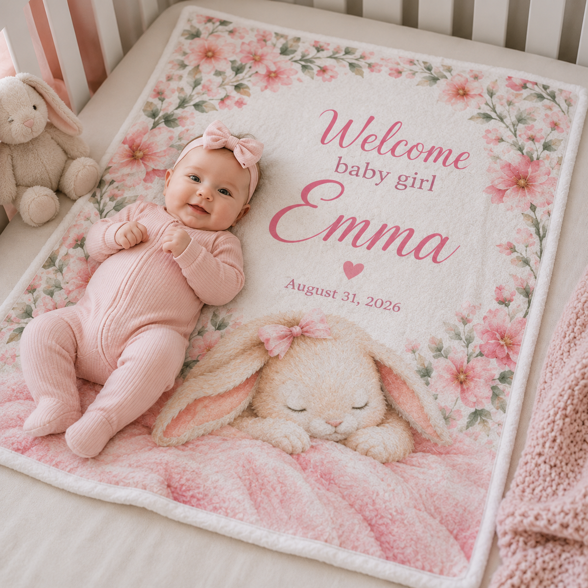 Welcome Baby Girl Blanket – Custom Name & Birth Date Bunny Keepsake