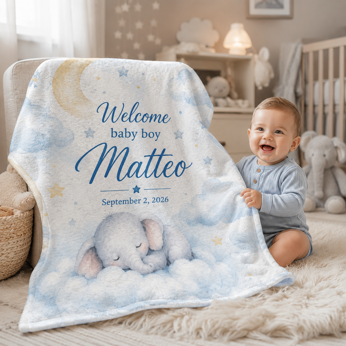 Welcome Baby Boy Blanket – Custom Name & Birth Date Elephant Keepsake