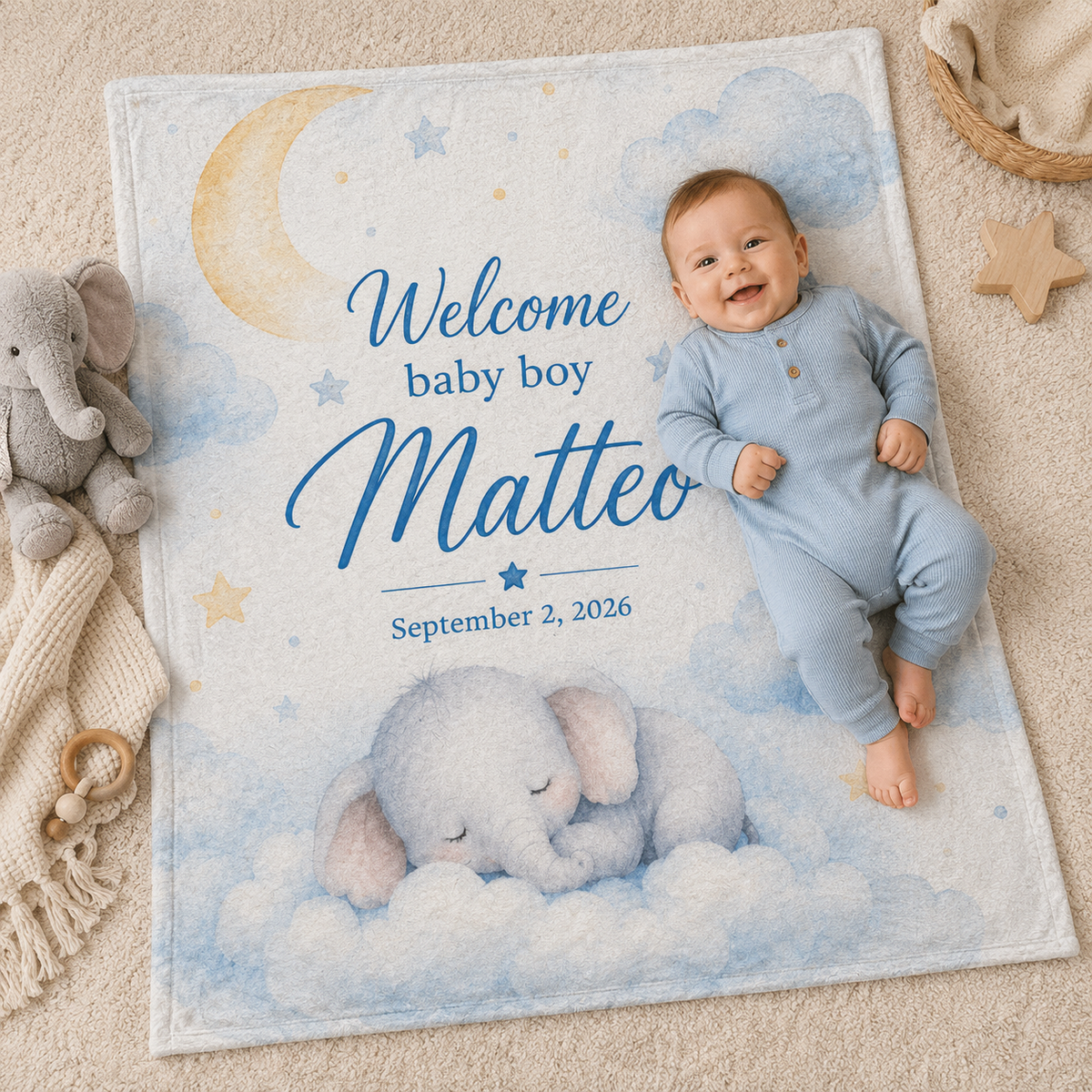 Welcome Baby Boy Blanket – Custom Name & Birth Date Elephant Keepsake