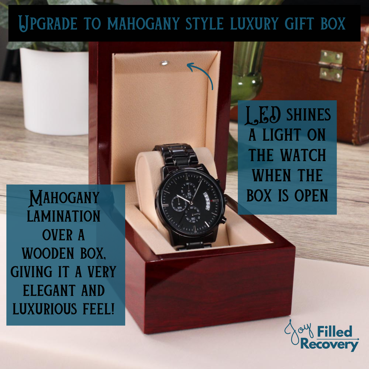 Wristwatch in mahogany-style gift box with black dial and metal bracelet