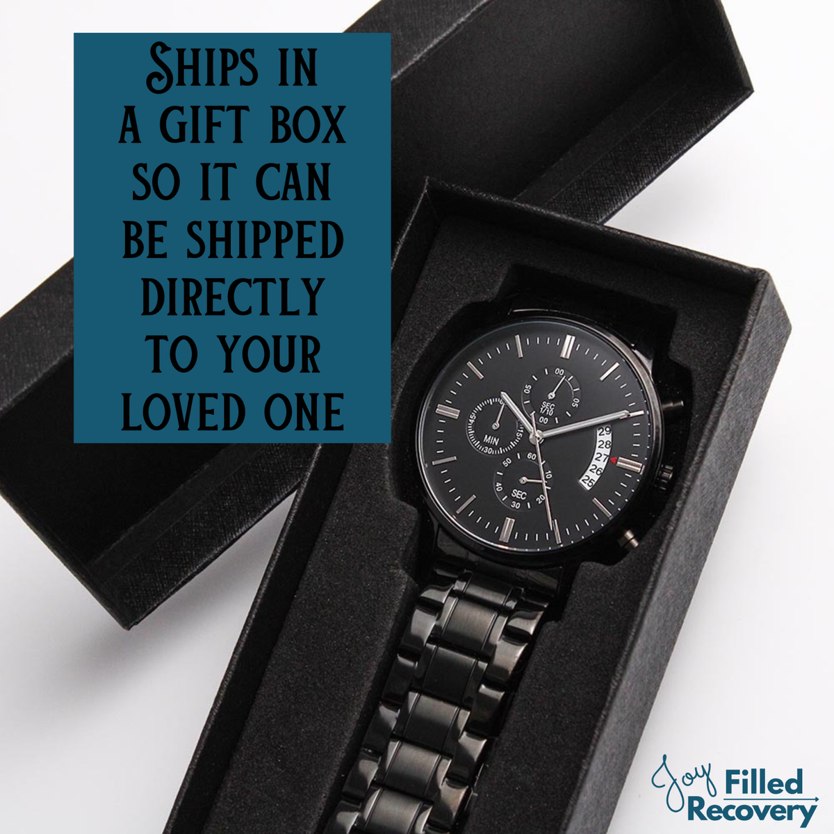 Wristwatch in black gift box with black dial, chronograph subdials, and date window
